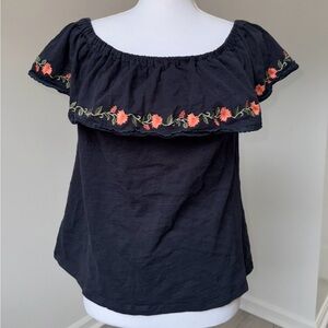 Miss Me‎ Navy Off Shoulder Top L Floral Embroidered Ruffle Boho Festival